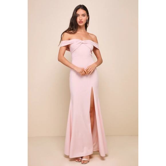 Lulus Dresses & Skirts - Lulus “Elegant Perception” Light Pink Off-the-Shoulder Bow Maxi Dress – Large